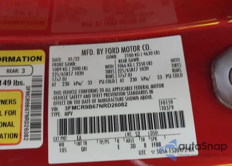 2022 Ford Bronco Sport Big Bend из США, поврежденный, VIN 3FMCR9B67NRD26082